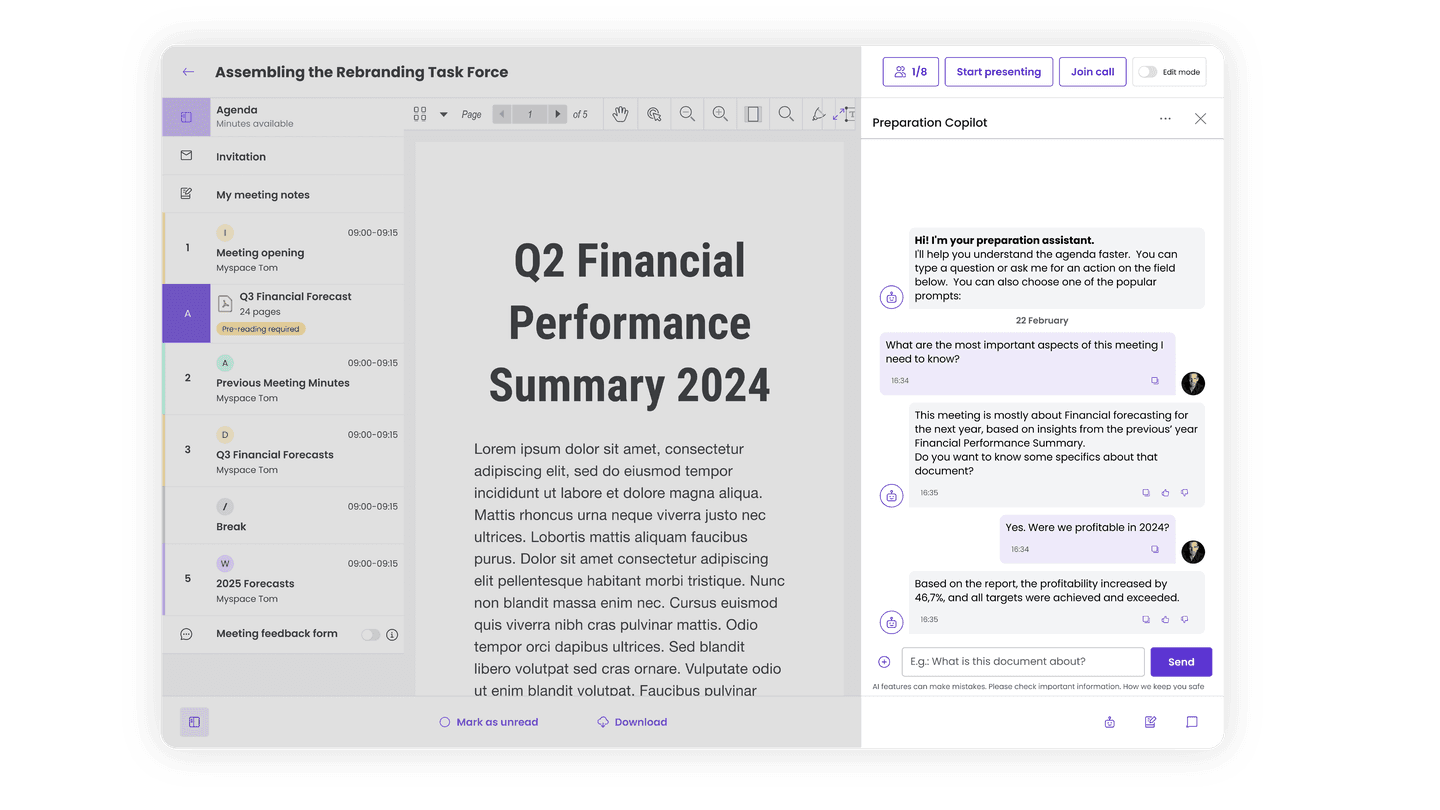 Document is opened on background and chat with Copilot is opened in sidebar, helping user with the preparation.