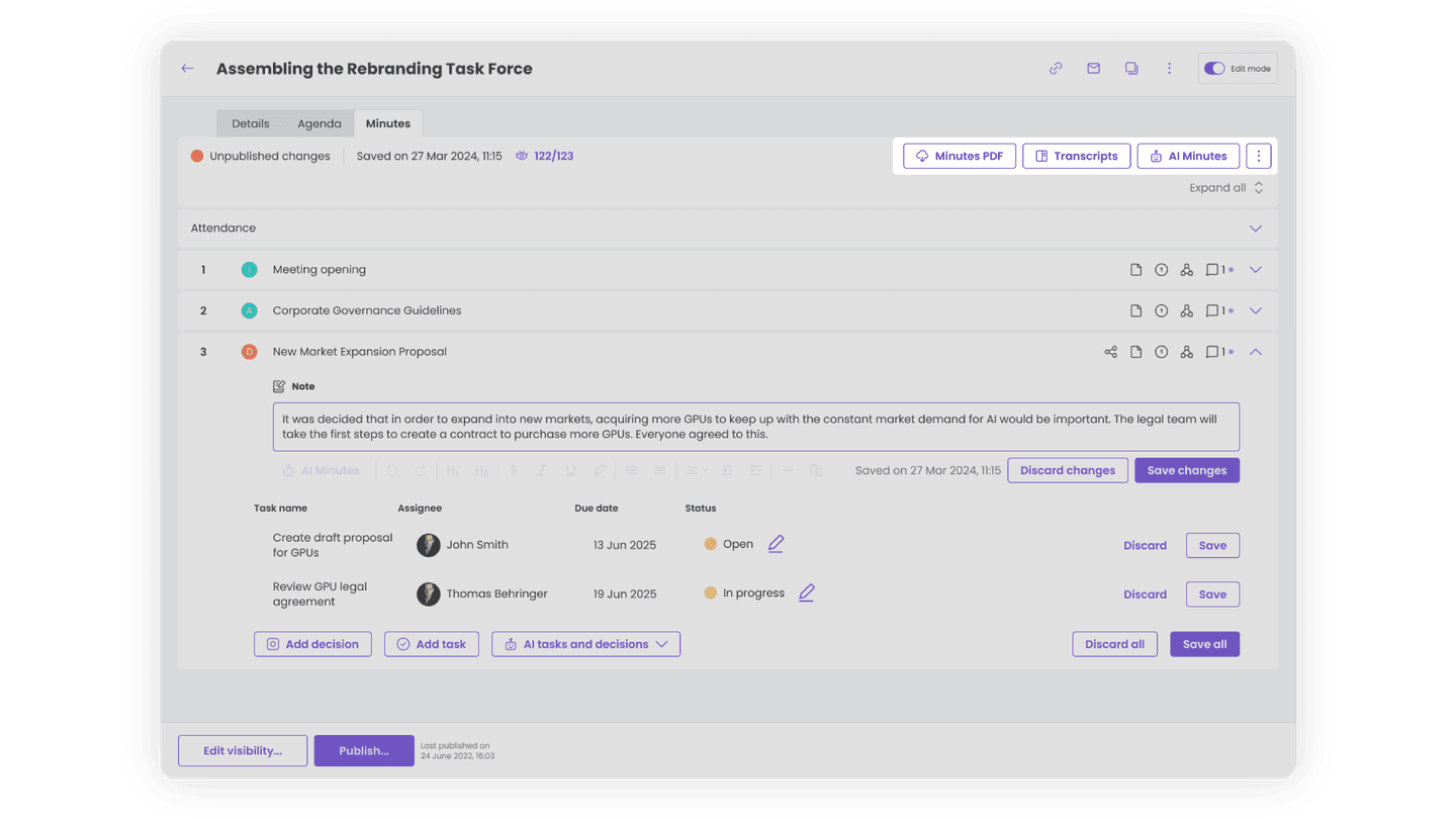 Illustrative image highlighting various tools to work with minutes in the meeting